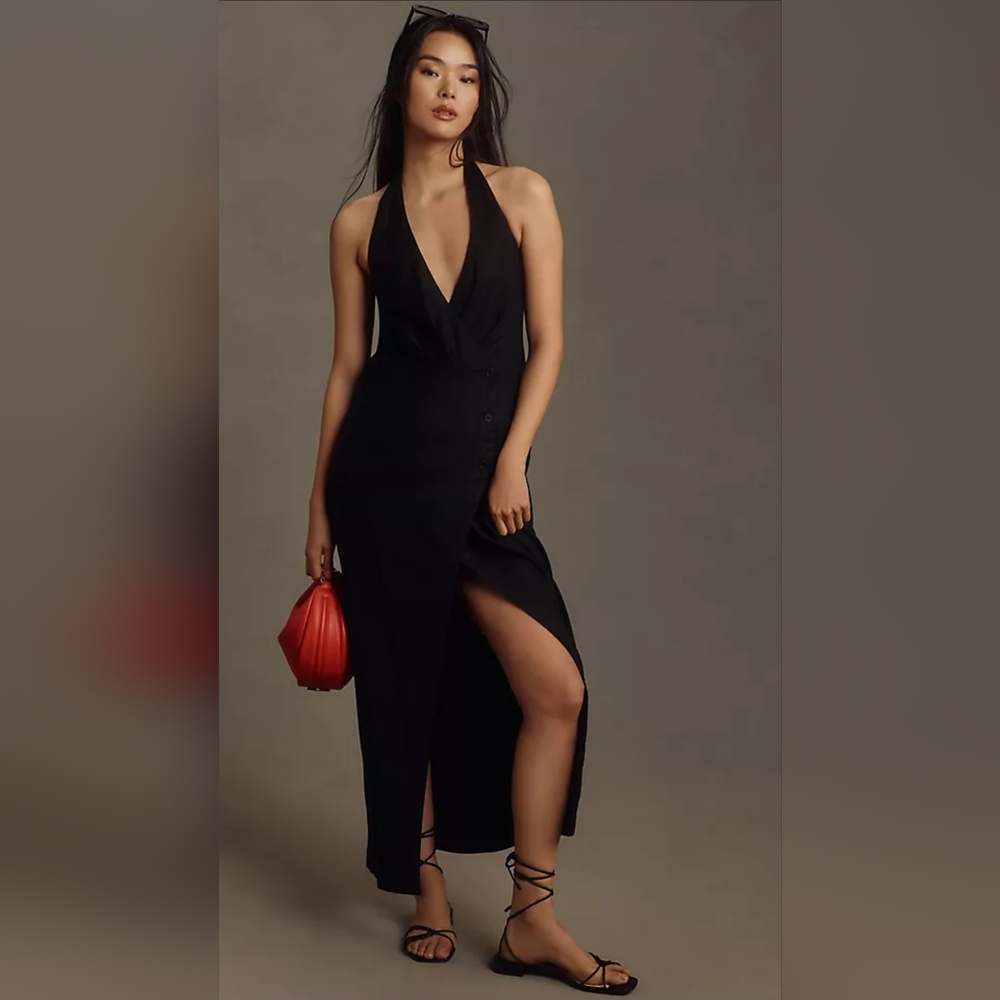 Anthropologie Linen Halter V-Neck Column Midi Dress Black Size Small